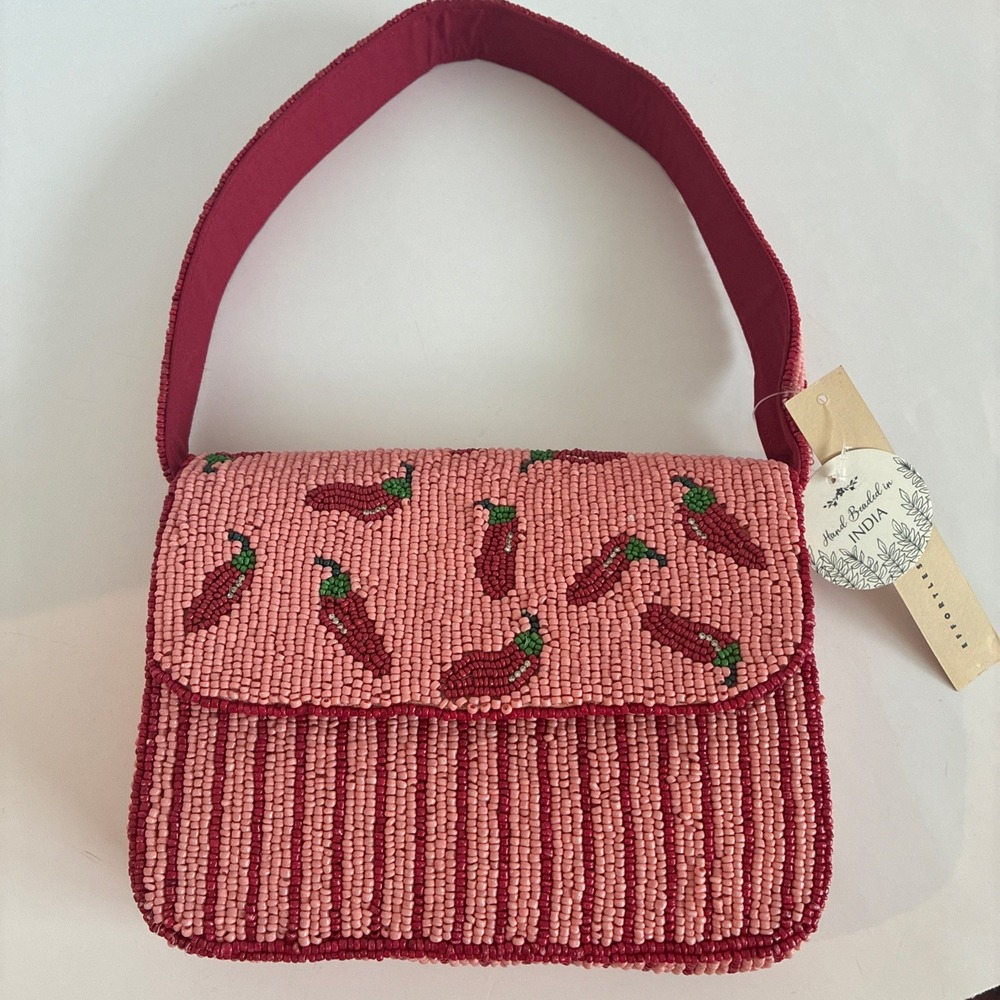 STUDIO 12~Hand Beaded Pink and Red Shoulder Bag~Womens Chili Peppers Pattern NWT